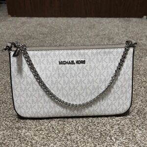 Michael Kors Silver and White Clutch with Chain Optional Crossbody
